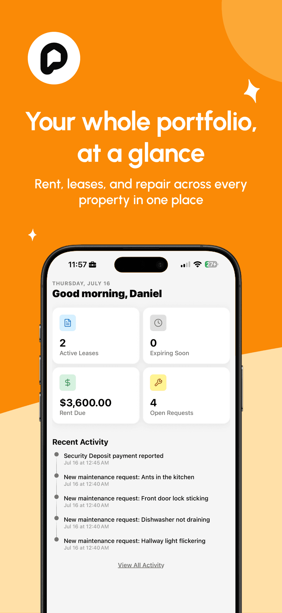 Propsynk App Store screenshot: portfolio dashboard with rent, leases and repairs across every property