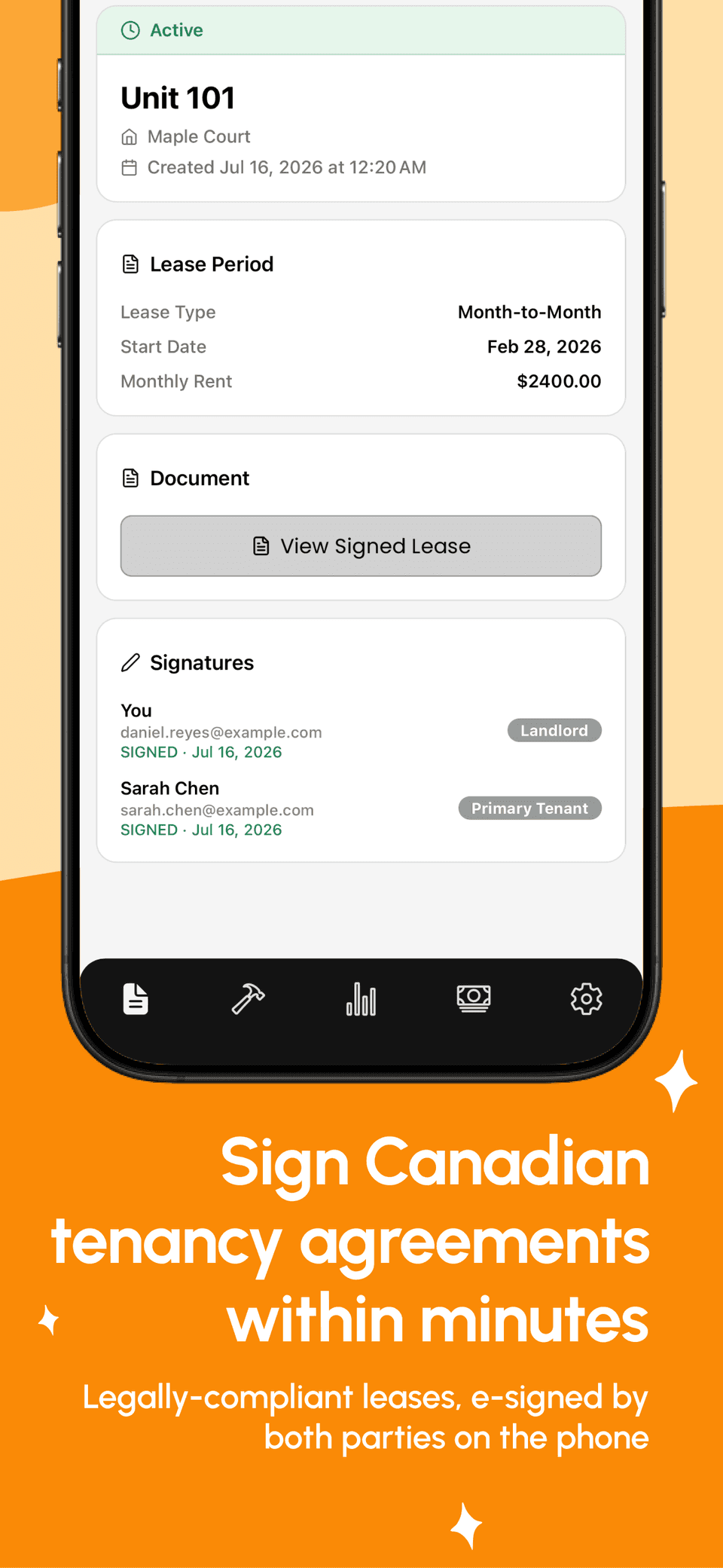 Propsynk App Store screenshot: Canadian tenancy agreement being signed on a phone