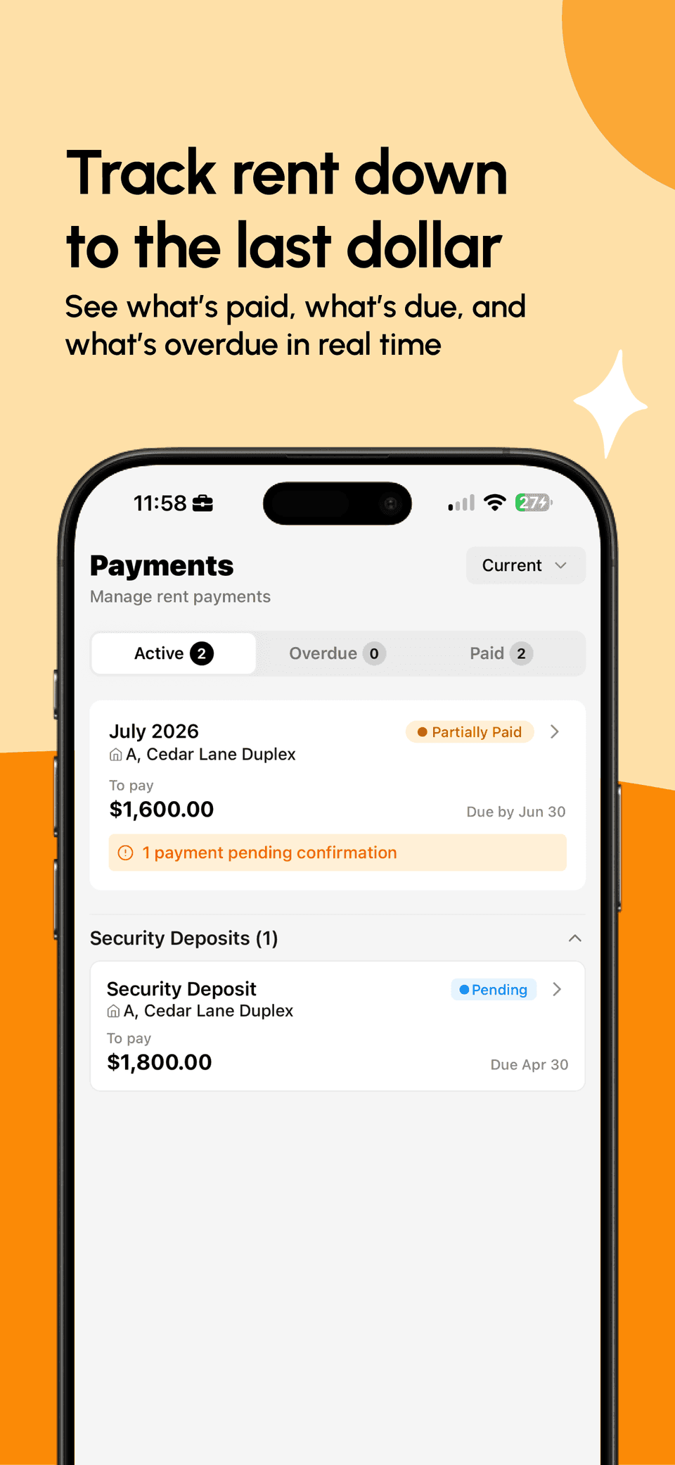 Propsynk App Store screenshot: rent ledger showing what is paid, pending and overdue