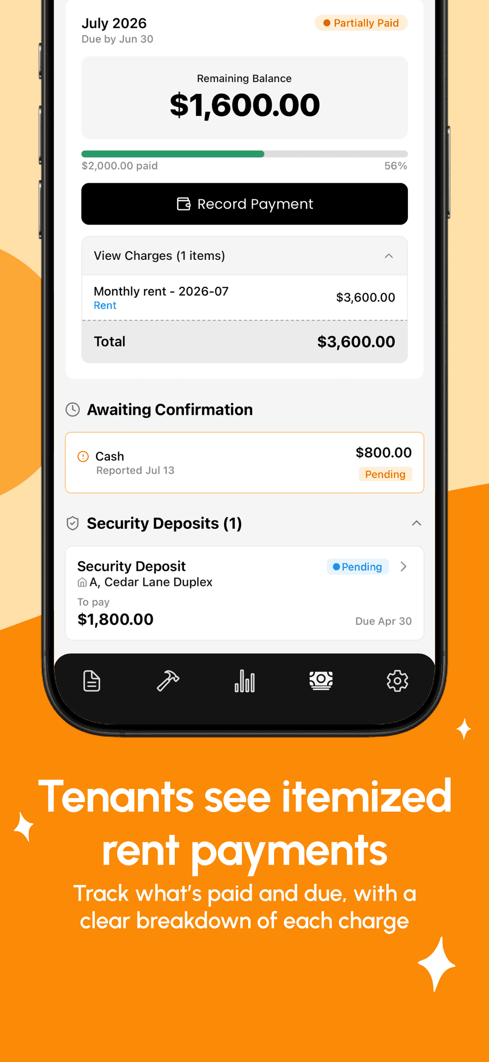Propsynk App Store screenshot: tenant's itemized rent payment breakdown