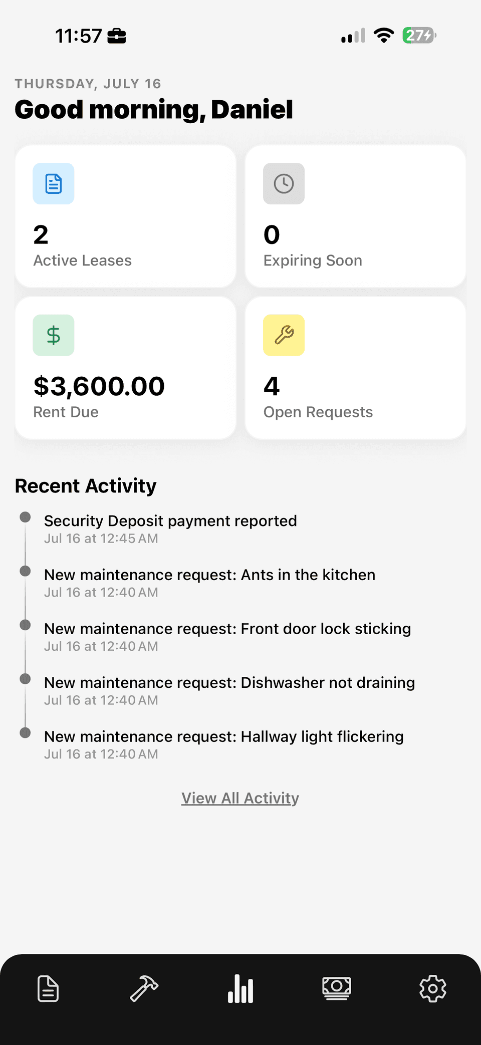 Propsynk portfolio dashboard on iPhone showing active leases, rent due, open maintenance requests and recent activity