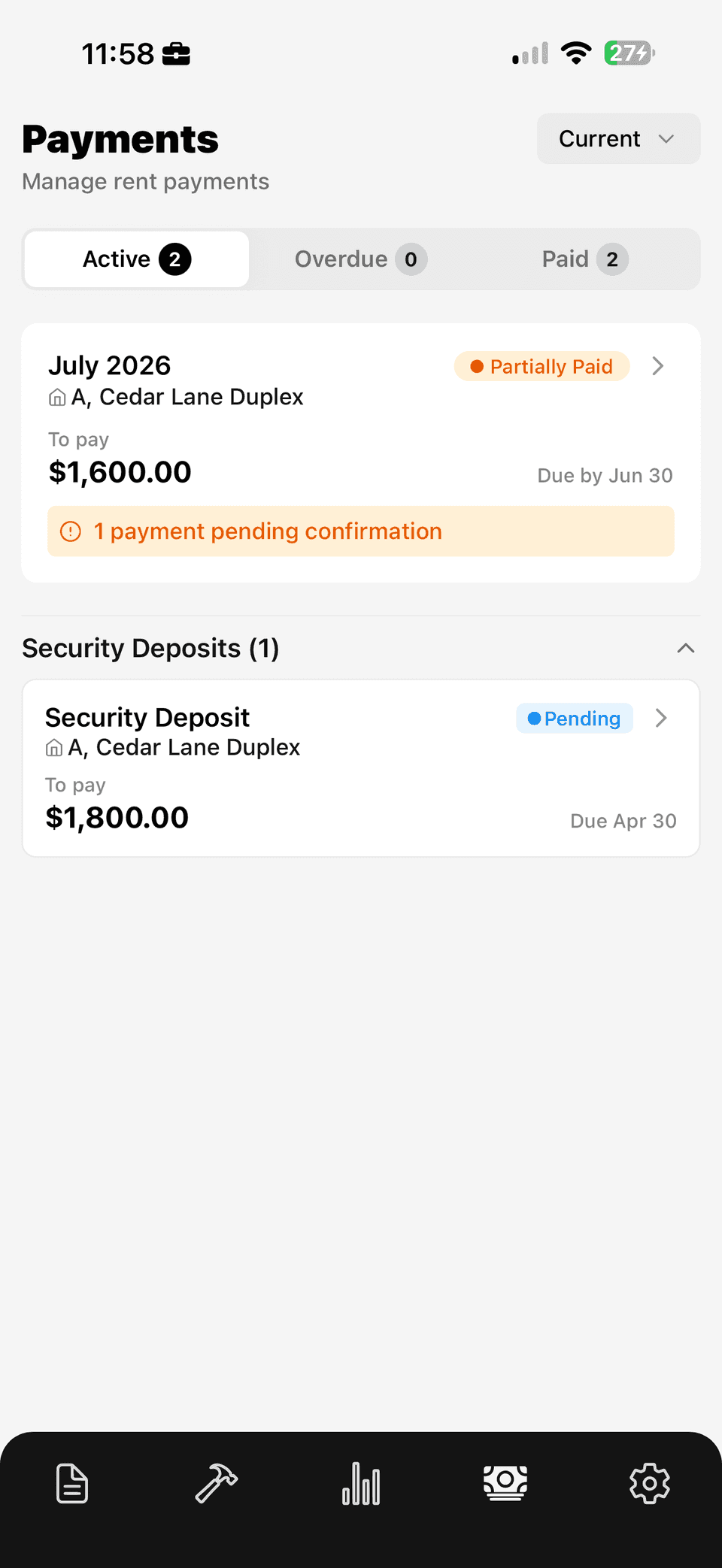 Rent payment tracking screen listing monthly rent, partial payments and amounts due by date