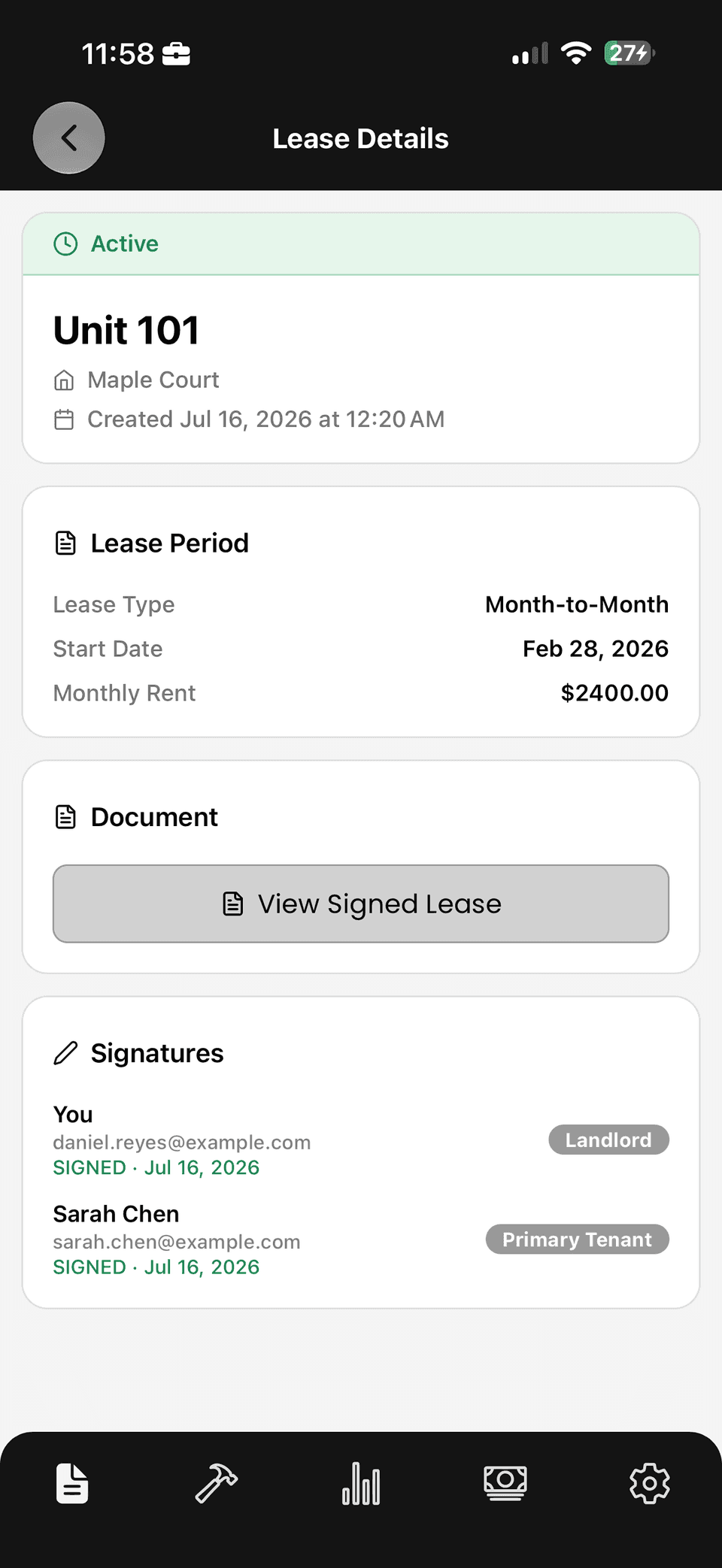 Signed tenancy agreement details with lease period, rent amount and both signatures on file