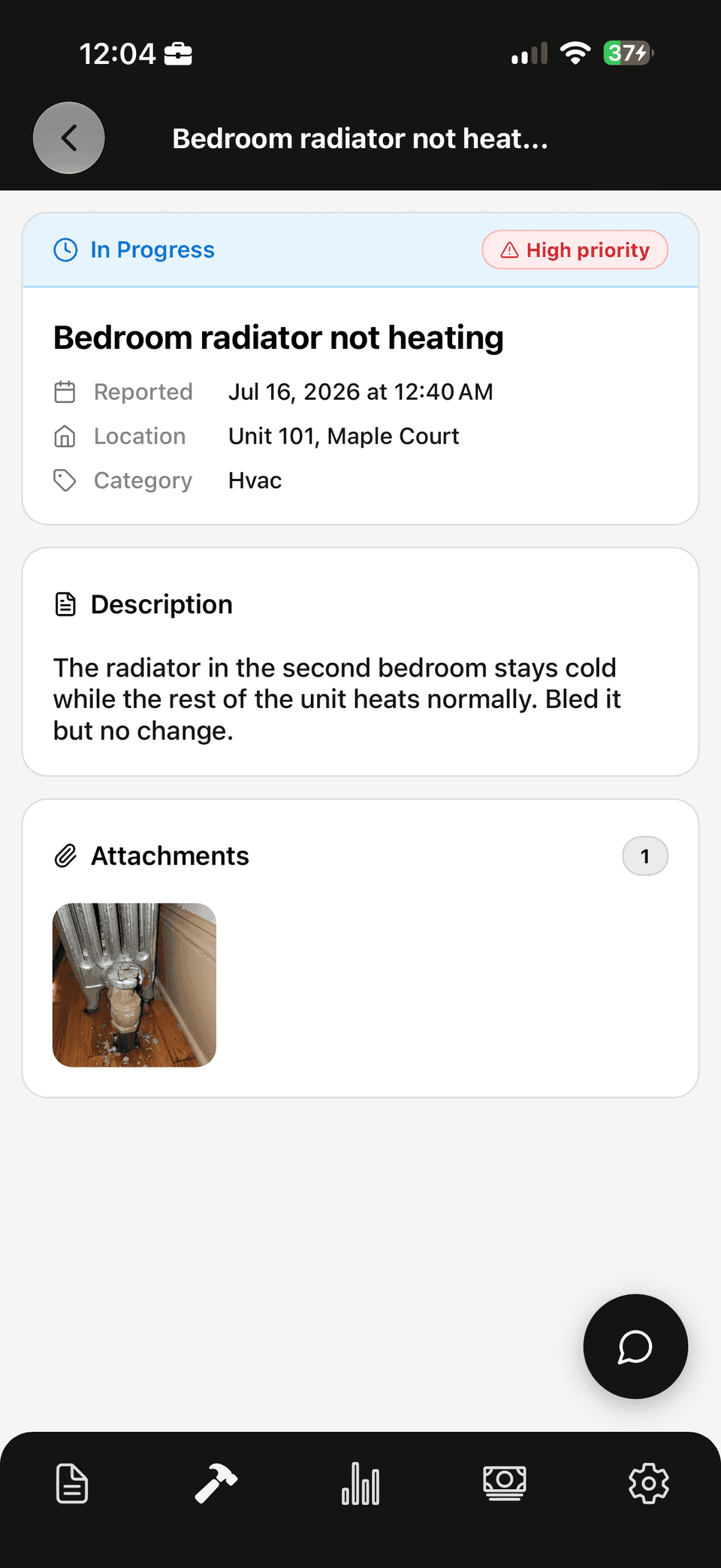 Maintenance request detail with tenant photos, priority, assigned contractor and status
