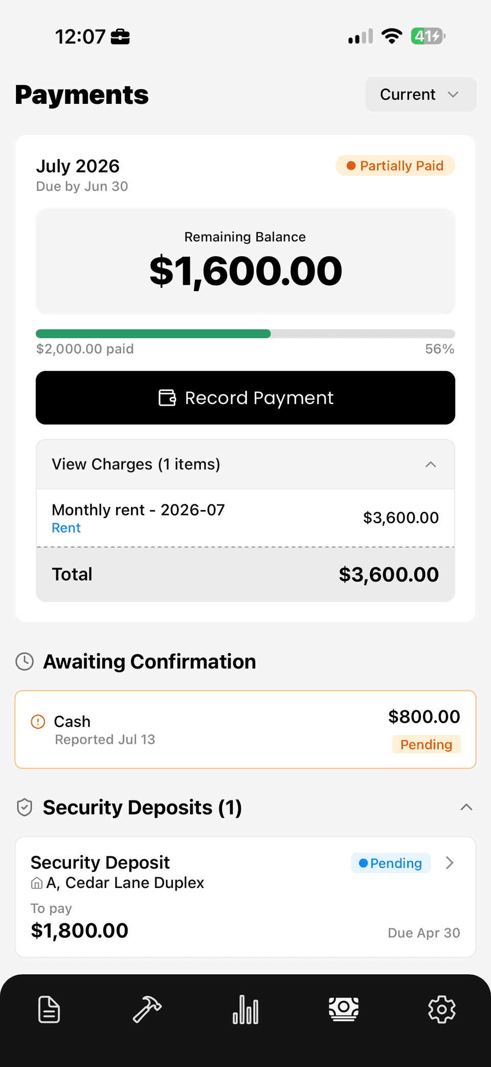 Tenant view of itemized rent showing what has been paid, what is due and a breakdown of charges