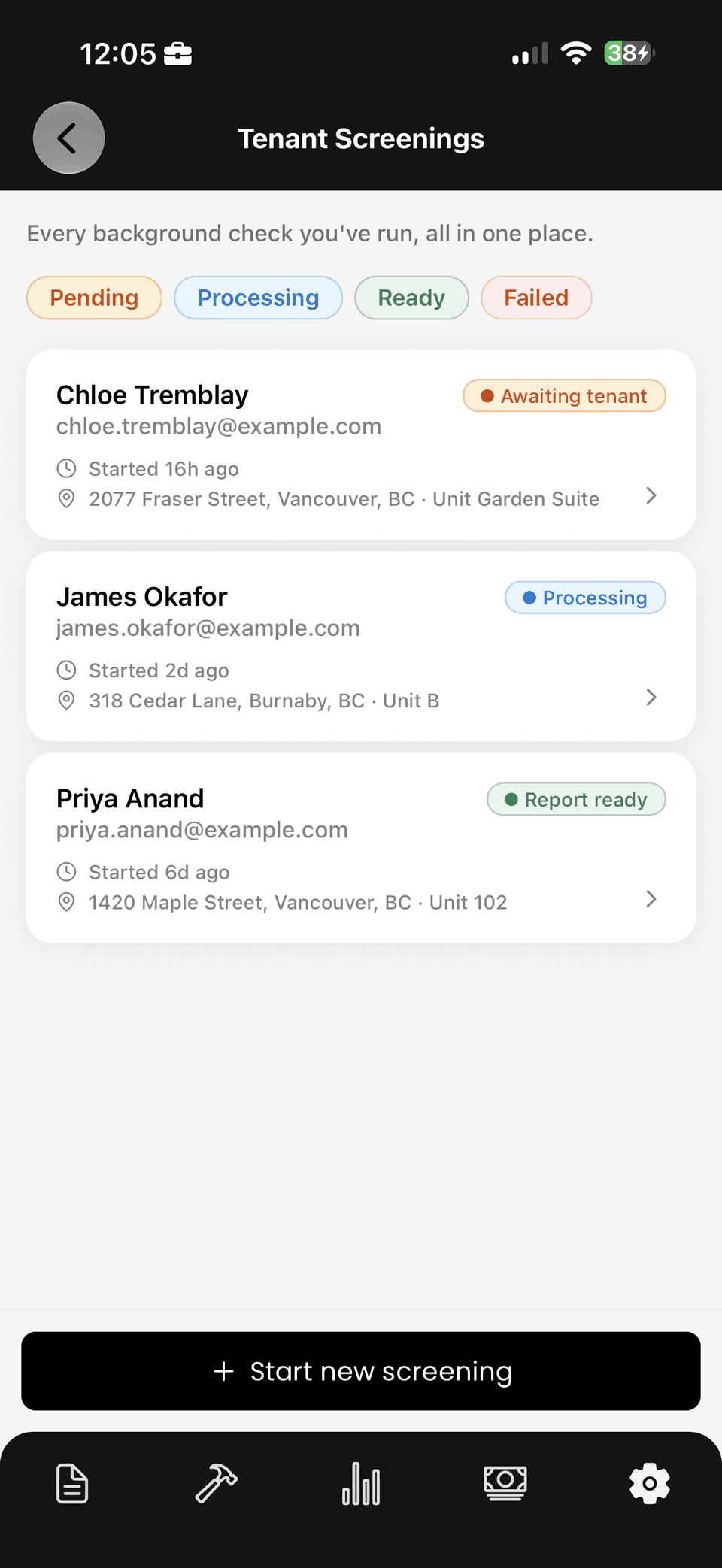 Tenant screening results showing credit, background and identity check status for an applicant